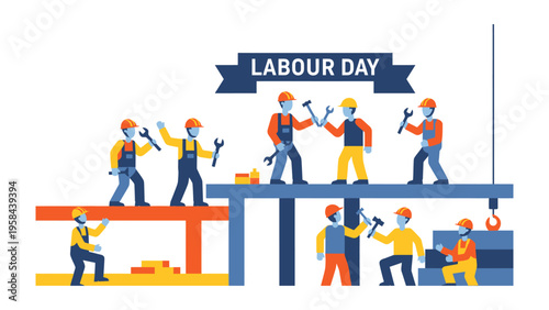 Labour Day Builders in Action: A vibrant illustration showcasing skilled construction workers diligently engaged in their craft, tools in hand.