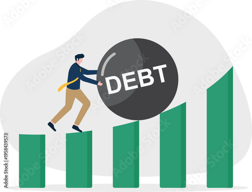 Businessman pushing a heavy debt ball up a green growth graph