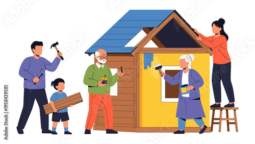 Family Collaboration in Home Improvement: A multigenerational family engages in a home renovation project, symbolizing teamwork, togetherness, and the shared effort in creating a cherished space.