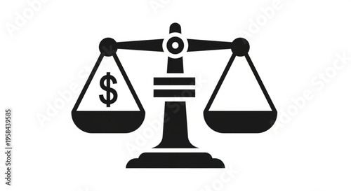 A black vector graphic of a scale with a dollar sign on one side, symbolizing justice and finance.