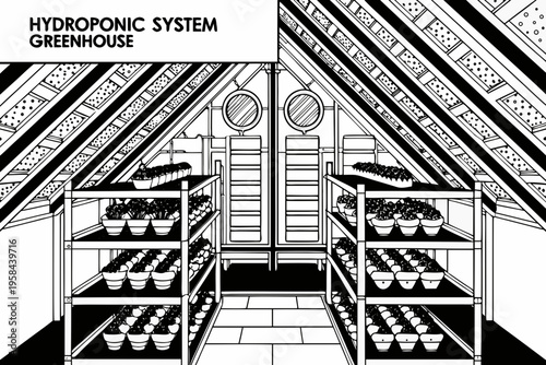 A blueprint style illustration of a hydroponic greenhouse system setup