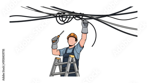Electrical Expert: A skilled electrician, equipped with a screwdriver, stands atop a ladder, meticulously managing a complex web of electrical wires.