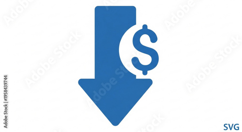 A blue vector graphic illustration of a downward arrow with a dollar sign, symbolizing financial loss or decrease.