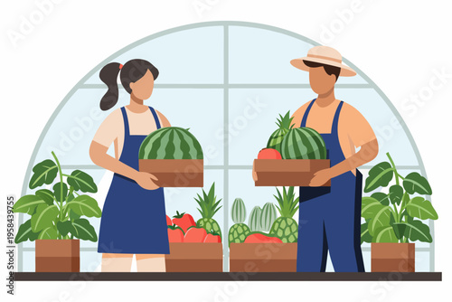 Two farmers carry crates of fresh produce in a greenhouse setting