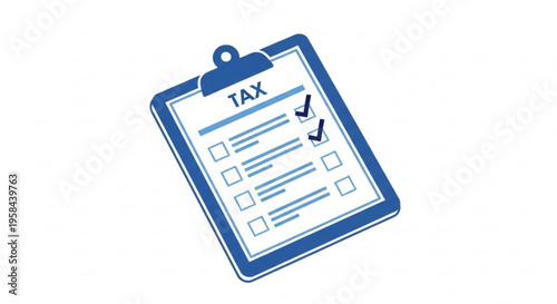 A blue vector graphic of a tax form on a clipboard with checkmarks