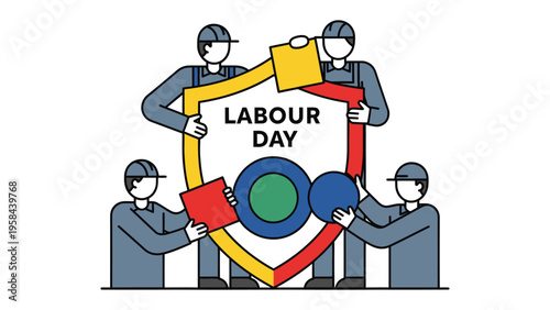 Labour Day Appreciation: A graphic representation of hardworking individuals uniting to form a shield, celebrating Labour Day, symbolizing strength, protection, and the value of labor.