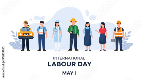 Celebrating International Labor Day: A diverse group of essential workers stand united, symbolizing the value and contributions of labor on International Labour Day, May 1st. 
