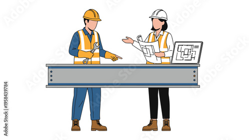 Blueprint Collaboration:  Two construction workers in safety gear analyze a blueprint, representing teamwork and precision in building and engineering.