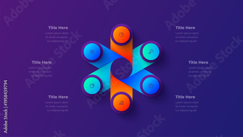 6 step radial process infographic diagram with six connected rounded segments around central circle