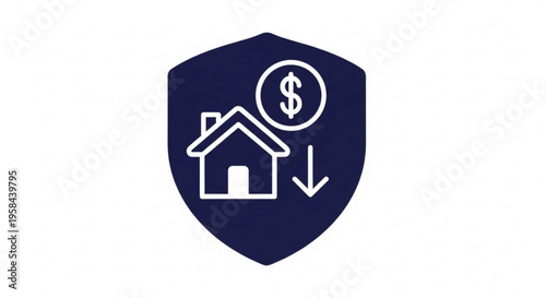 A vector graphic icon of a shield protecting a house with a dollar sign and downward arrow, symbolizing financial security and savings.
