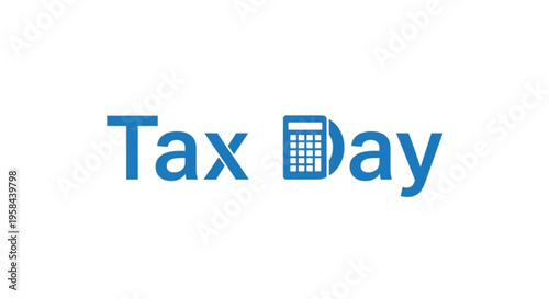 A blue vector graphic illustration of a tax day logo with a calculator icon