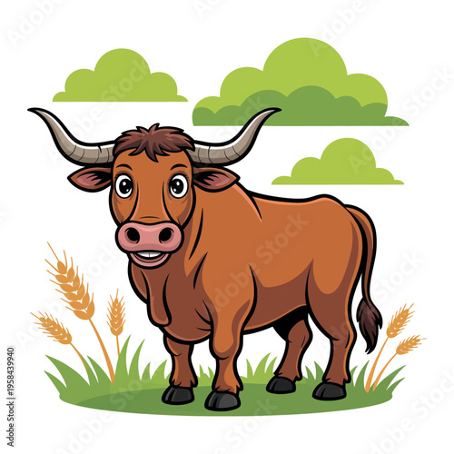 A cartoon bull standing in a green field with clouds