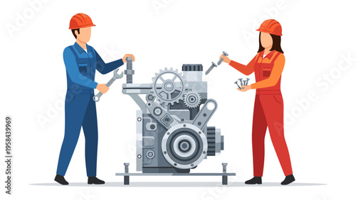 Team of Engineers at Work: Two engineers are working together to repair a complicated engine. Their focused collaboration and technical expertise are highlighted.