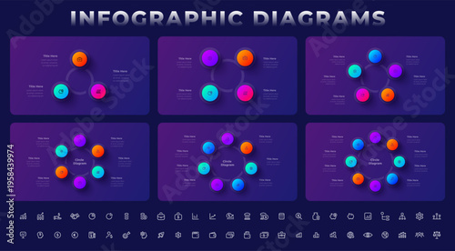3 to 8 step circular infographic diagram set with multiple radial layouts and connected nodes in collection