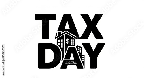 A black and white vector graphic illustration of a tax day rental logo with a house and dollar sign