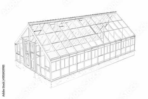 Line drawing of a classic gable greenhouse with a glass structure