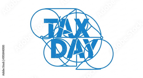 A blue vector graphic illustration of the words 'TAX DAY' in a stylized font, surrounded by overlapping circles and lines.
