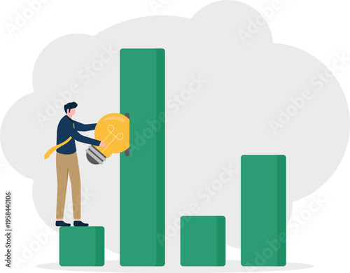 Professional man placing a lightbulb on a growth bar chart representing creative development
