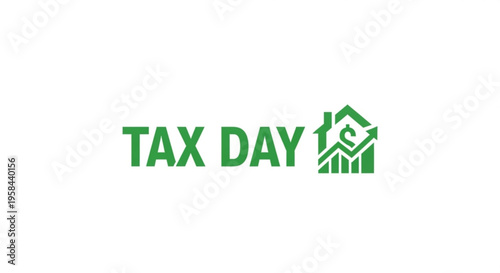 A green vector graphic illustration of a Tax Day logo with a house and money symbol