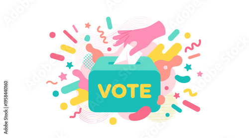 Hand placing ballot in vote box amidst colorful abstract shapes, representing democracy, civic action, and Harvey Milk's vision for equality, modern flat vector illustration.