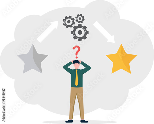 Businessman connecting a small star and large star with gears representing quality improvement
