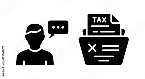 A minimalist vector graphic illustrating a person discussing tax documents being thrown away