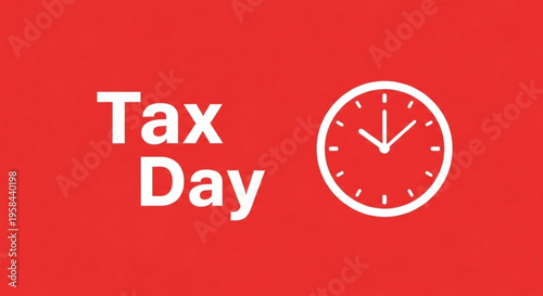 A minimalist vector graphic illustrating Tax Day with a clock on a red background
