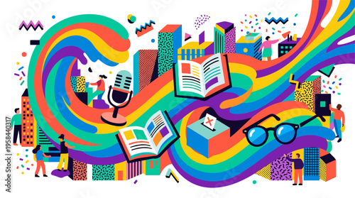 Harvey Milk Legacy, LGBTQ+ Activists, Diverse Community Voting, Speaking, Learning in Rainbow City, Democracy, Equality, Civil Rights Advocacy, Vibrant Flat Memphis Style Vector Illustration.