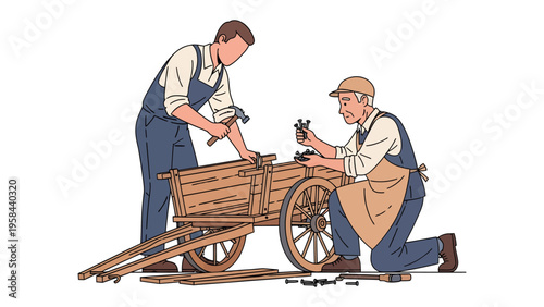 Crafting Legacy: Two dedicated artisans meticulously assemble a wooden cart, embodying the timeless values of craftsmanship and tradition.