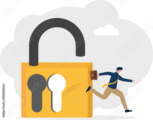 Professional man running through a giant open lock representing unlocked potential