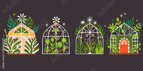 Four decorative greenhouses with plants showcasing seasonal growth stages