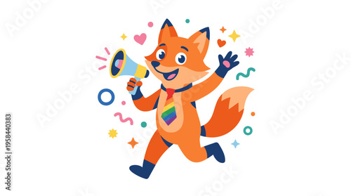Playful Fox Mascot with Rainbow Tie Holding Megaphone, Expressing Joyful Advocacy, Embodying Harvey Milk's Spirit of LGBTQ+ Activism and Equality in Flat Vector Art, Isolated Illustration.