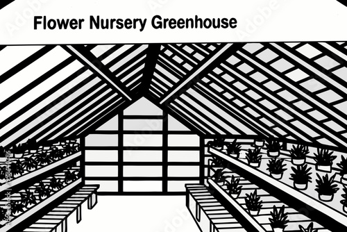 Illustration of a greenhouse interior with rows of potted plants