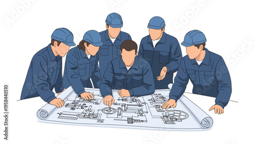 Construction Team at Work: A team of construction workers is engrossed in the project blueprint, pointing and discussing details of the construction project. The focus is on teamwork.