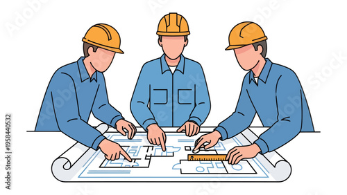 Blueprint Discussion: A team of construction workers is engrossed in a detailed blueprint, collaborating to visualize and refine the plans, showcasing teamwork and dedication.