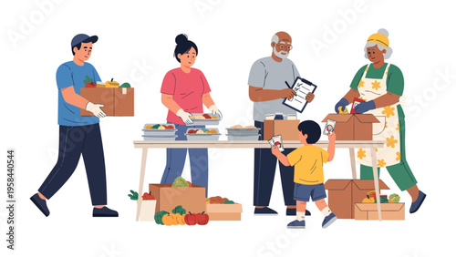 Community Volunteers: A group of volunteers works together to pack and distribute food, symbolizing compassion and solidarity.