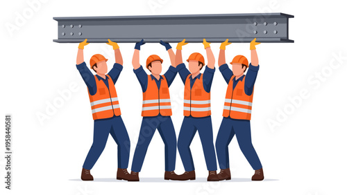 Teamwork's Heavy Lift: A construction crew of four work together, demonstrating the strength of teamwork as they lift a heavy metal beam with precision and unity.