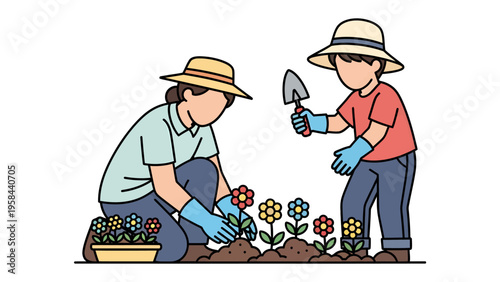 Gardening Together: A joyful scene of two individuals cultivating a vibrant garden, planting colorful flowers, and fostering a shared appreciation for nature's beauty.