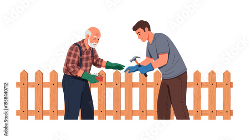 Constructing Together: An older man and a younger man work together on building a wooden fence, embodying collaboration and passing down skills across generations.