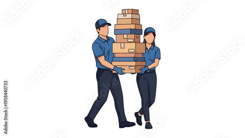 Efficient Delivery Duo: A dedicated male and female delivery person work together, balancing a tower of delivery boxes, symbolizing teamwork and dependable service. 