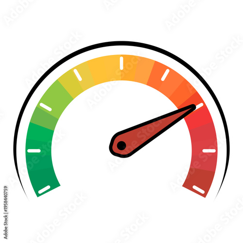 Color gauge with needle pointing to red sector. Speedometer icon for tea brewing temperature measurement. Indicator for process control and level monitoring in oriental tea ceremony