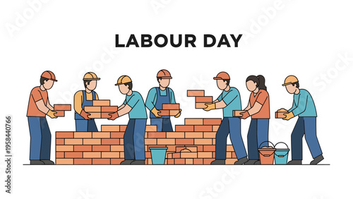 Labor Day Construction: Construction workers, men and woman are building the wall together. This image embodies the hard work and dedication of the construction industry.
