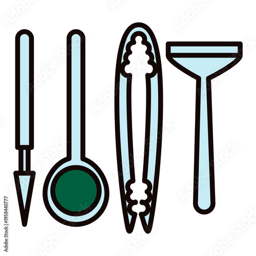 Set of vector tea tools for Eastern tea ceremony including needle tong and spoon. Traditional equipment for brewing and serving tea. Minimalist graphic design element for ritual art