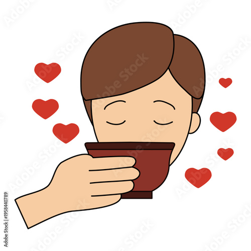 Man drinking tea from small bowl surrounded by red hearts. Illustration of person enjoying beverage during tea ceremony. Concept of love for healthy drink and traditional ritual