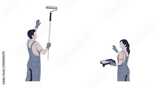 Painting Together: Two individuals collaborate harmoniously, their movements synchronized as they work together with a paint roller and tray. Capturing the essence of teamwork and home improvement.