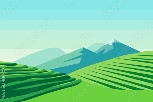 Tea plantation landscape with terraced green fields and mountains in the background. Vector illustration of tea farm for oriental tea ceremony theme and asian landscape banner background