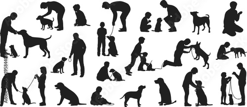 Black silhouette vector illustration showing humans training, walking, playing, sitting, and interacting with dogs representing companionship, obedience, and pet care