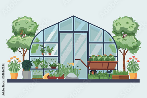 A charming greenhouse illustration with plants a wheelbarrow and garden elements