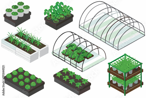 Isometric illustration of various gardening structures and growing plants