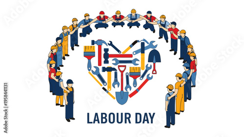 Labor Day Celebration: A creative illustration showcases a circle of builders surrounding a heart-shaped arrangement of tools, symbolizing unity and appreciation for labor.